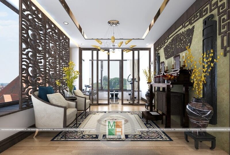 Trang trí nội thất phòng thờ sang trọng sử dụng đồ nội thất cao cấp kết hợp tấm ngăn bằng gỗ để tránh ánh sáng trực tiếp, đảm bảo tính phong thủy và thẩm mỹ cho cả căn nhà.