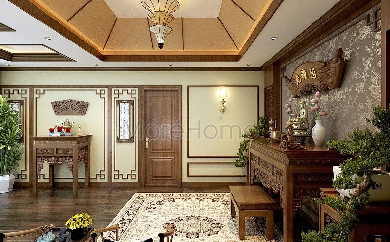Mẫu thiết kế nội thất phòng thờ biệt thự trang nghiêm với không gian thờ phật và thờ gia tiên rộng rãi kết hợp độ nội thất gỗ tự nhiên cao cấp .
