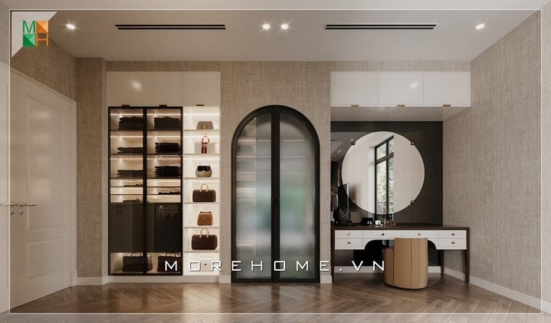 Mẫu kệ tủ trang trí âm tường cánh kính rất sang trọng