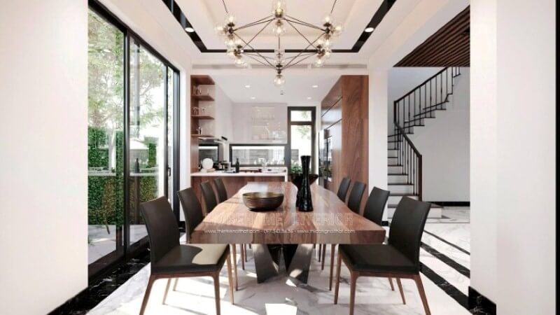 Thiết kế nội thất phòng ăn ấn tượng ấn tượng với tone màu tương phản cao mang lại nét sang trọng độc đáo