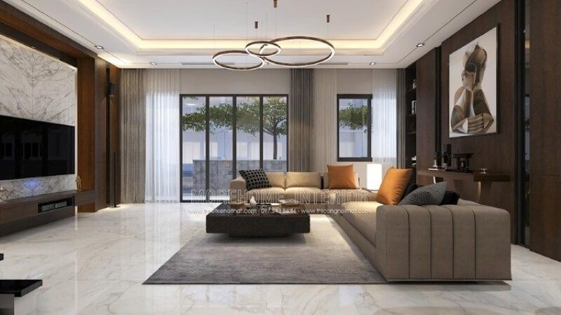 Mẫu bố trí nội thất phòng khách biệt thự cao cấp tại biệt thự Park city với ý tưởng sử dụng phong cách hiện đại nhưng mang lối sang trọng, ấm áp.